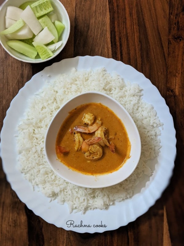 goan prawn curry served in a bowl with boiled rice.